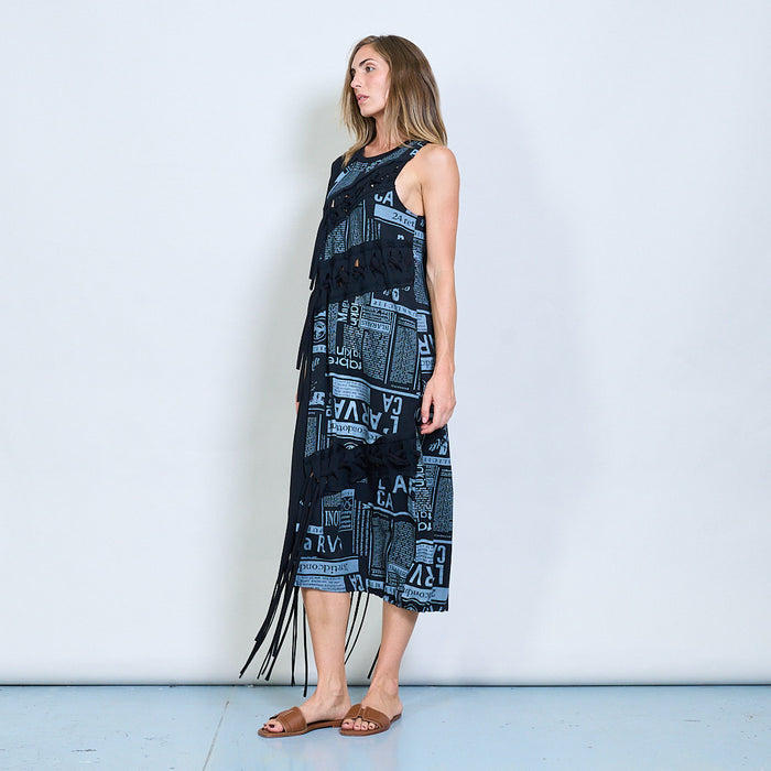 Asymmetric dress with newspaper print panel and fringe detail wholesale