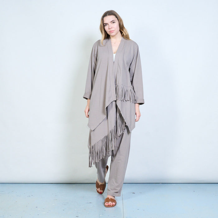 Asymmetric fringe hem open front longline cardigan wholesale
