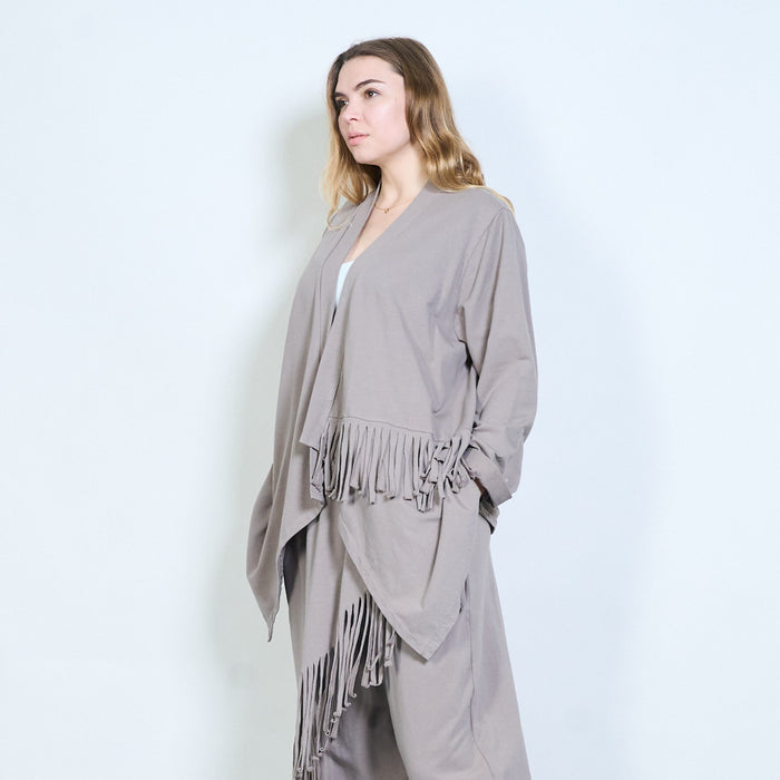 Asymmetric fringe hem open front longline cardigan wholesale