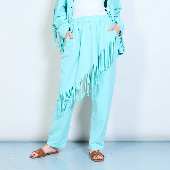 Asymmetric fringe overlay relaxed fit trousers wholesale