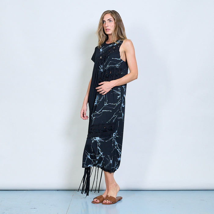 Asymmetric mixed-media dress with abstract print and fringe hem wholesale