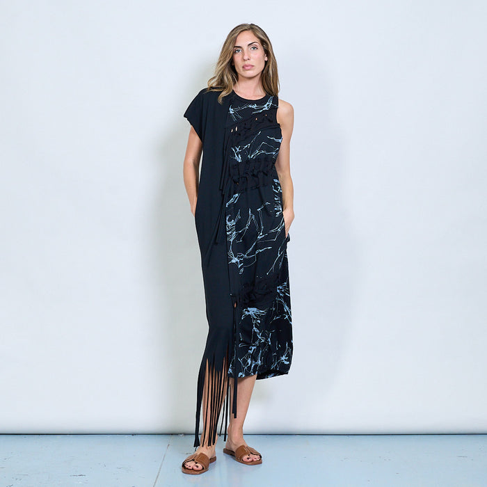 Asymmetric mixed-media dress with abstract print and fringe hem wholesale