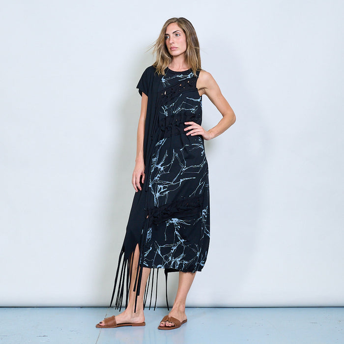Asymmetric mixed-media dress with abstract print and fringe hem wholesale