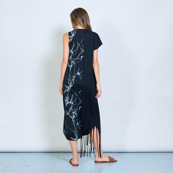 Asymmetric mixed-media dress with abstract print and fringe hem wholesale