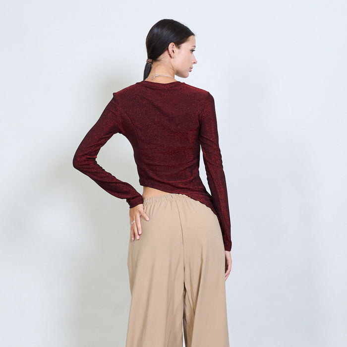 Asymmetric ruched glitter long sleeve top wholesale