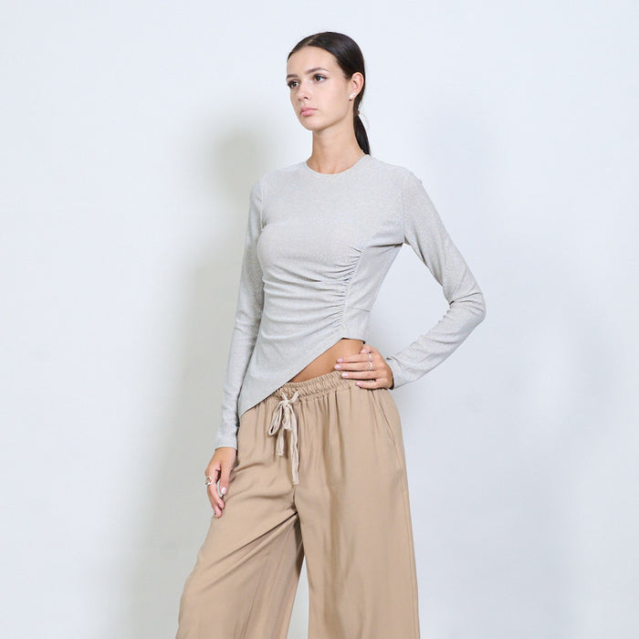 Asymmetric ruched glitter long sleeve top wholesale