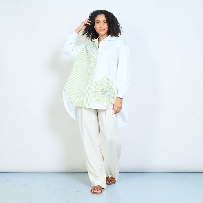 Asymmetric striped panel oversized shirt  with 3D flower detail wholesale