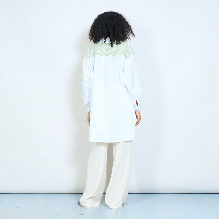 Asymmetric striped panel oversized shirt  with 3D flower detail wholesale