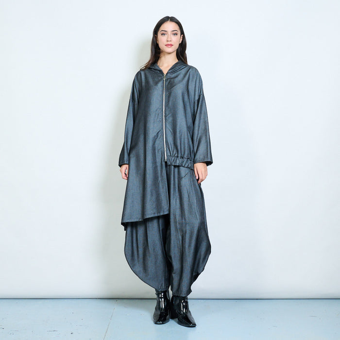 Asymmetric zip-up hooded drape jacket wholesale