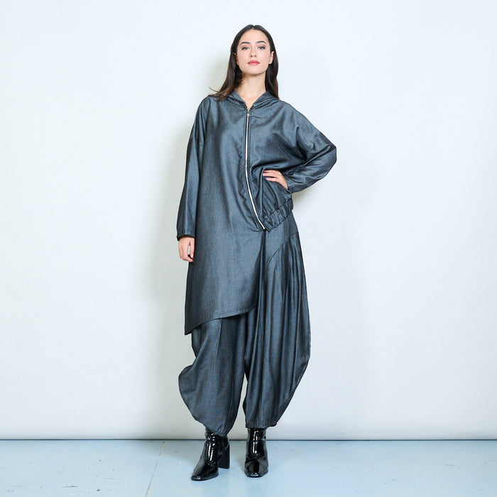 Asymmetric zip-up hooded drape jacket wholesale