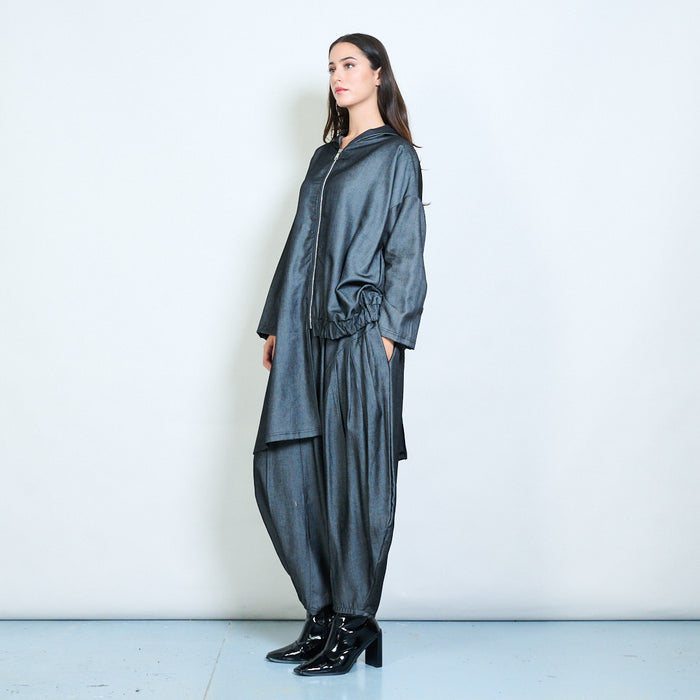Asymmetric zip-up hooded drape jacket wholesale