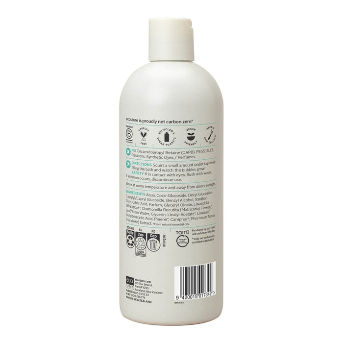 Back of ecostore aby bubble bath in a 535ml bottle showing ingredients & other product information.