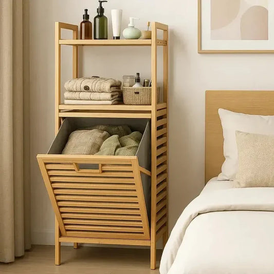 Bamboo Laundry Basket with 2-Tier Bamboo Shelf and Fabric Liner – Home Hatch