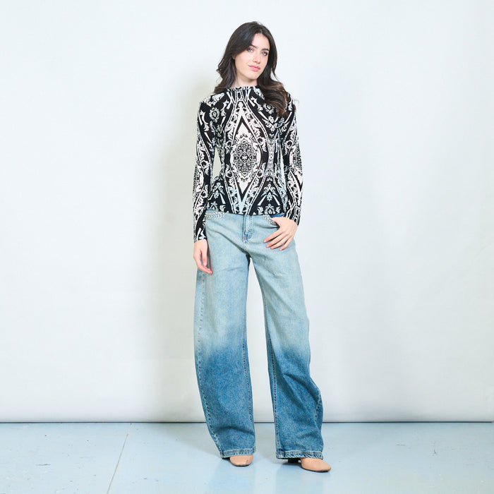 Baroque print sheer blouse wholesale