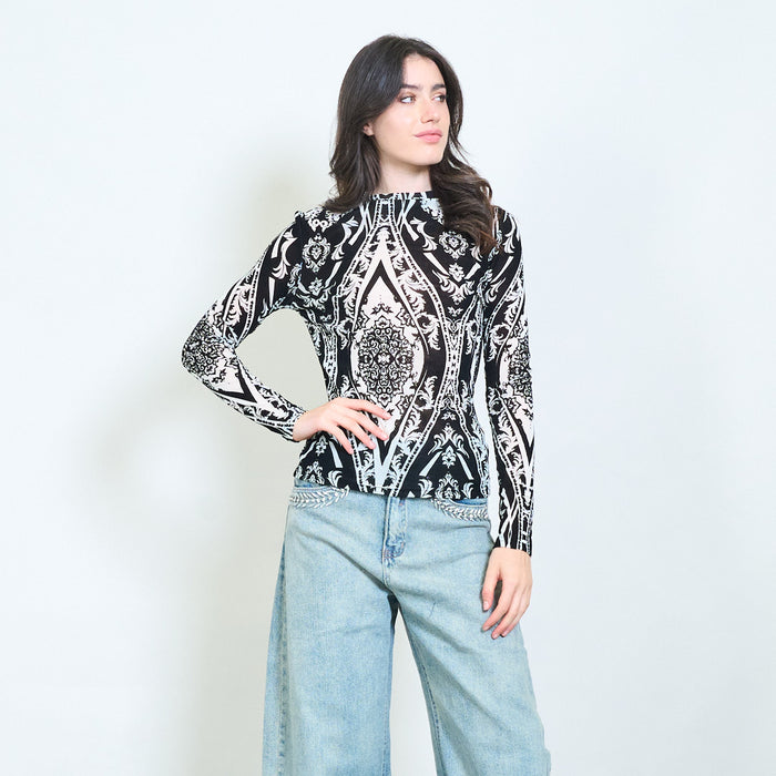 Baroque print sheer blouse wholesale