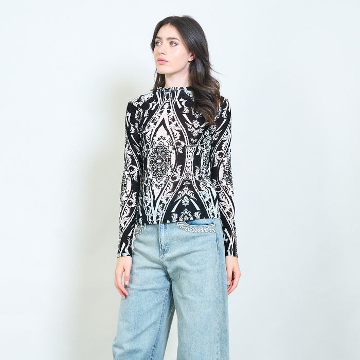Baroque print sheer blouse wholesale