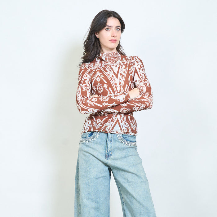 Baroque print sheer blouse wholesale