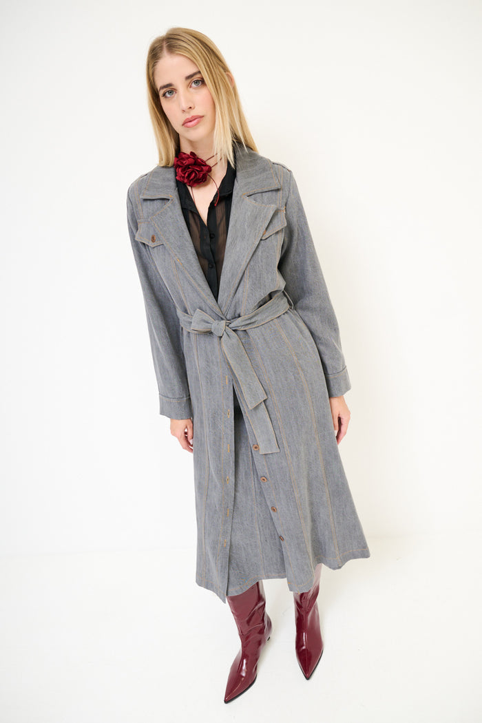 Belted button-down trench midi dress with lapel collar wholesale