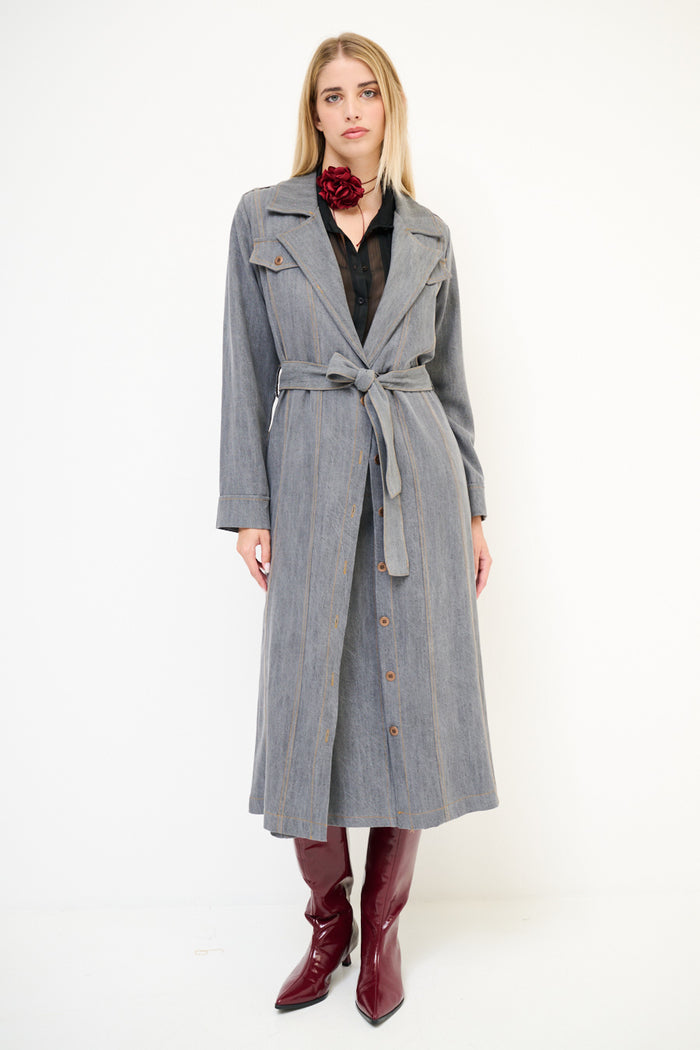 Belted button-down trench midi dress with lapel collar wholesale