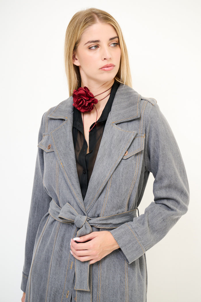 Belted button-down trench midi dress with lapel collar wholesale