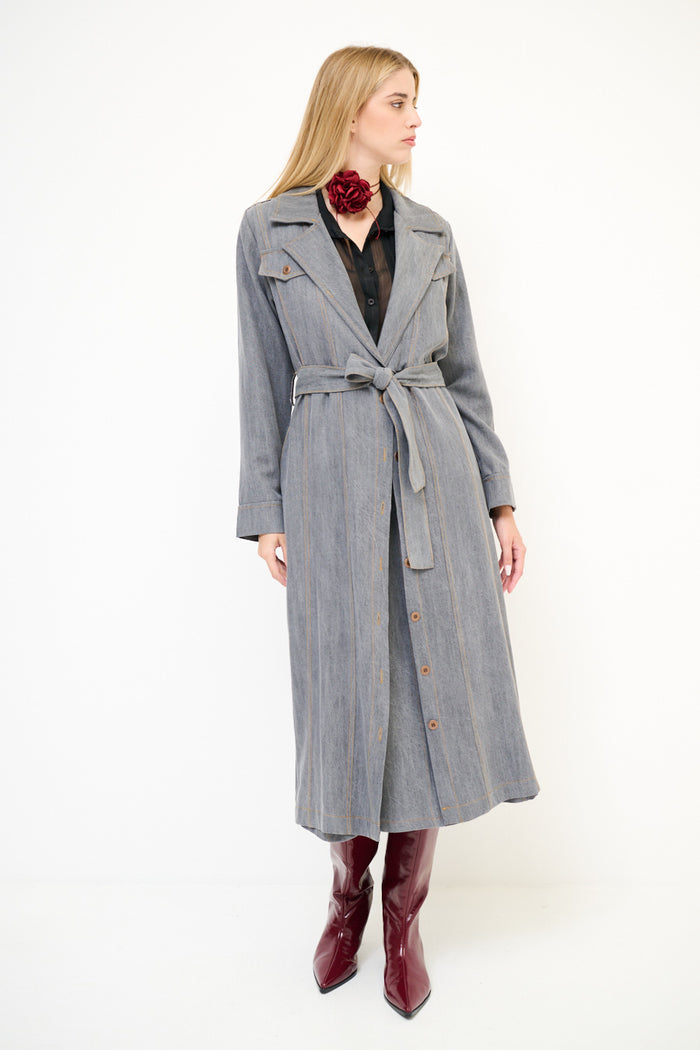 Belted button-down trench midi dress with lapel collar wholesale