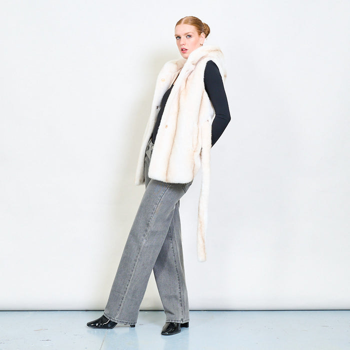 Belted sleeveless eco fur coat with hoodie wholesale