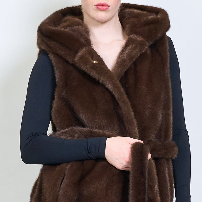 Belted sleeveless eco fur coat with hoodie wholesale