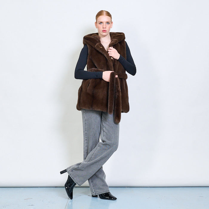 Belted sleeveless eco fur coat with hoodie wholesale