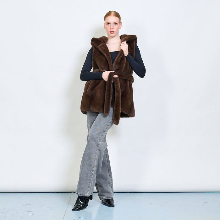 Belted sleeveless eco fur coat with hoodie wholesale