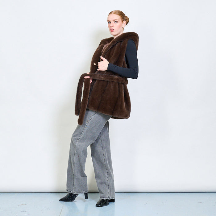 Belted sleeveless eco fur coat with hoodie wholesale