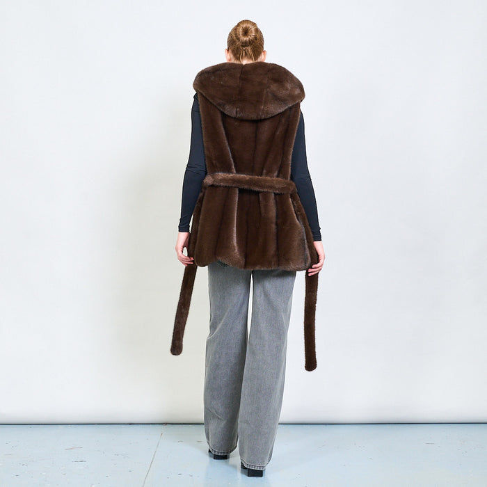 Belted sleeveless eco fur coat with hoodie wholesale
