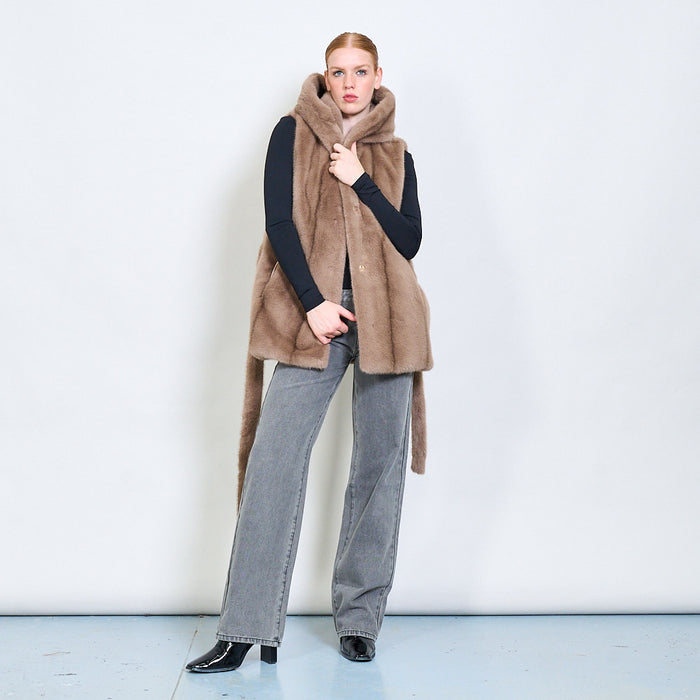 Belted sleeveless eco fur coat with hoodie wholesale