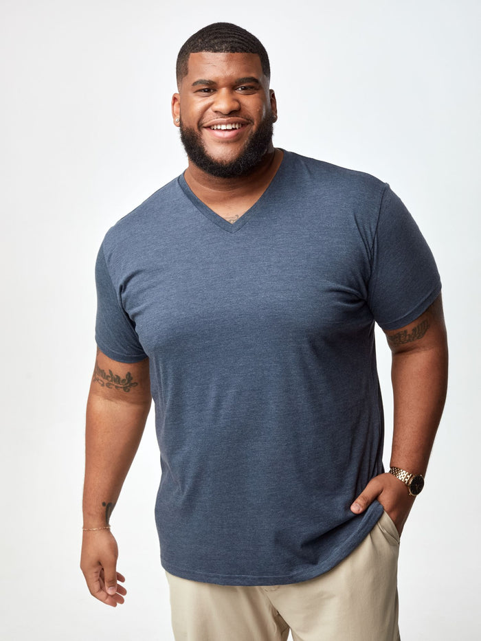 Steven is 6', 275lbs and wears a size 3xl # Best Sellers V-Neck Tees 6-Pack with Navy | Fresh Clean Threads