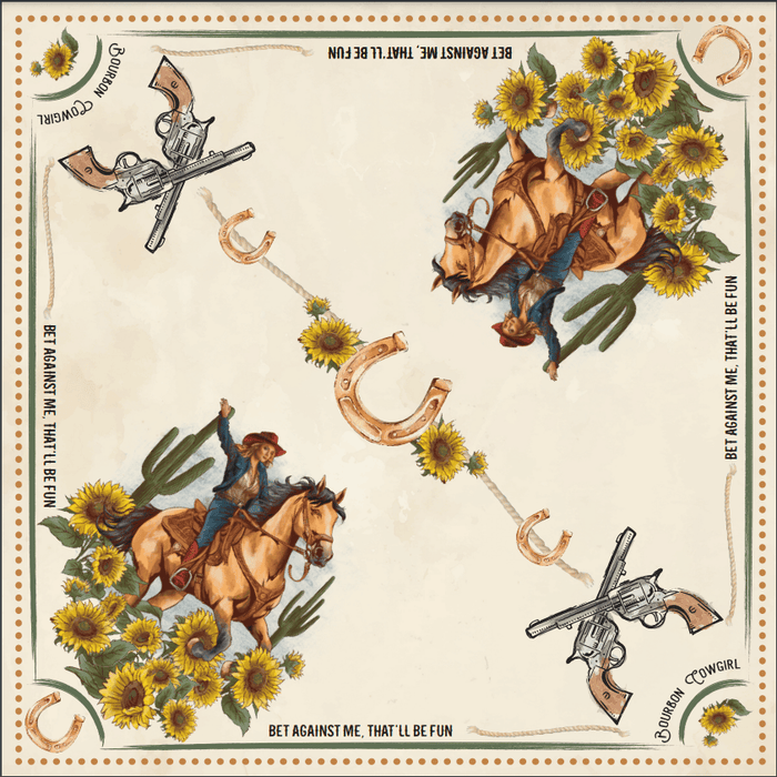 Cowgirl-themed square pattern with horses, sunflowers, and guns.
