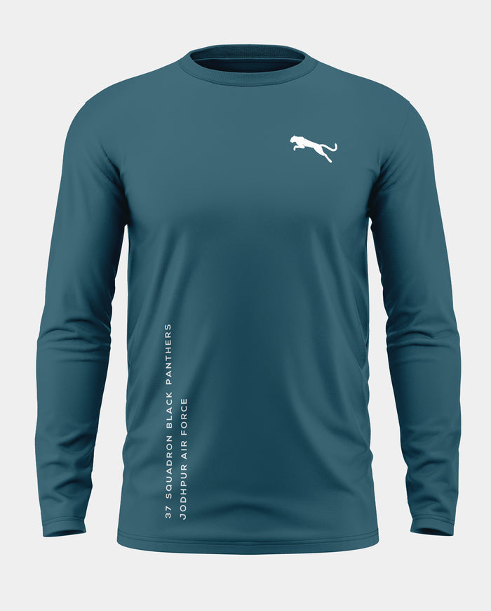Teal blue full sleeve men's t-shirt with white panther logo and military-inspired text.