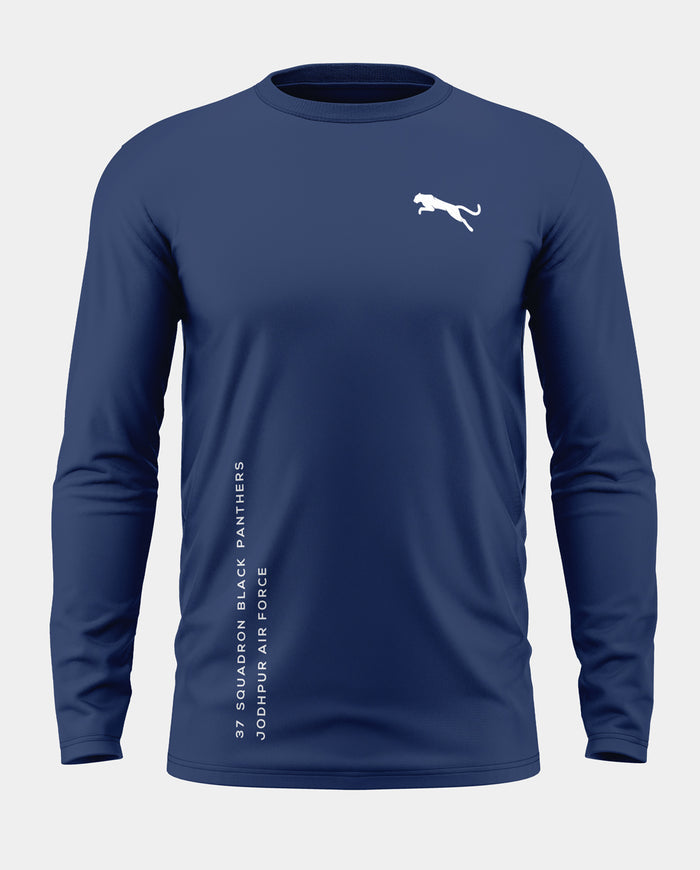 Navy blue men's full sleeve t-shirt with white panther logo and squadron text print