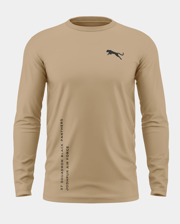 Beige long sleeve men's t-shirt with black panther graphic and squadron text, army-inspired fashion