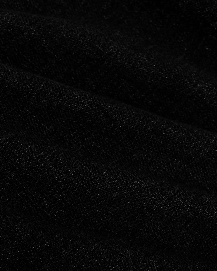 Black Wash Straight Authentic Denim Jeans fabric close-up, showcasing texture and drape.