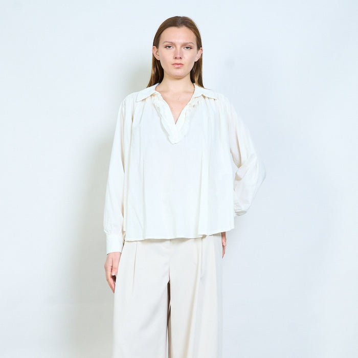 Blouse with ruffled placket and classic collar wholesale