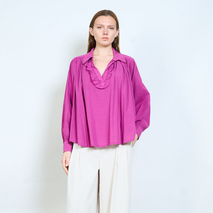 Blouse with ruffled placket and classic collar wholesale