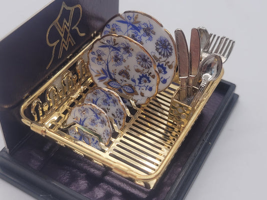 Blue Floral China Plate in Golden Drying Rack with Silverware