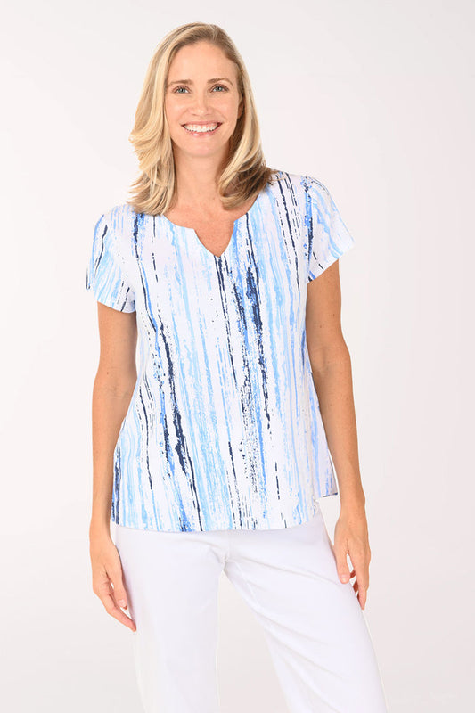 Woman wearing a short sleeve blue striped shirt.
