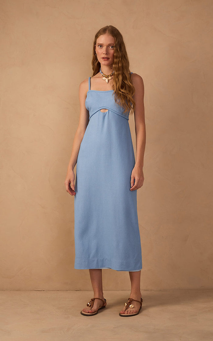 Blue Sleeveless Cut-Out Linen Midi Dress_1