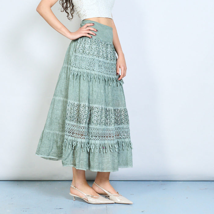 Boho lace panel tassel belt midi skirt wholesale