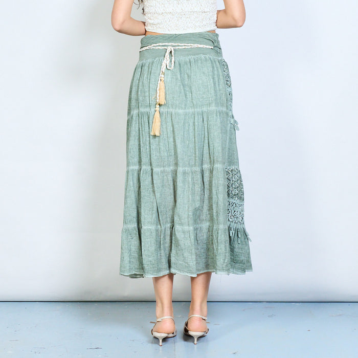 Boho lace panel tassel belt midi skirt wholesale