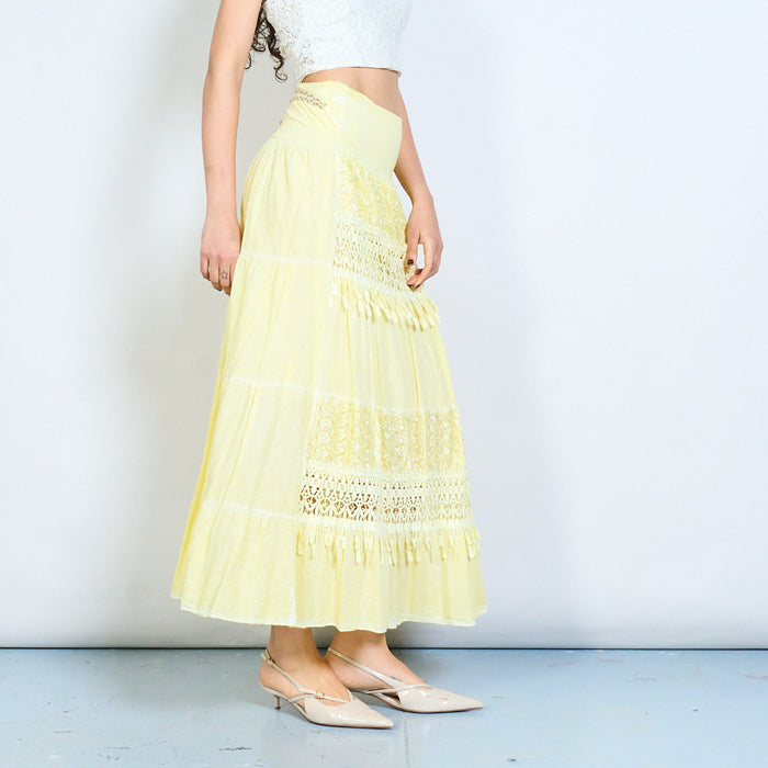 Boho lace panel tassel belt midi skirt wholesale