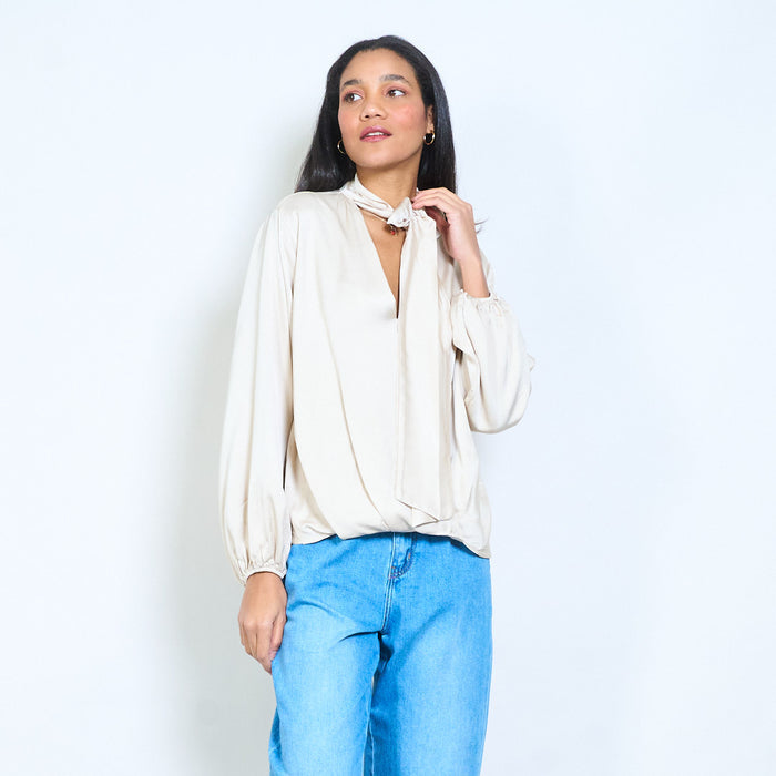 Bow tie neckline flowy long sleeve blouse wholesale