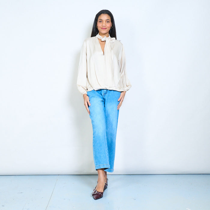Bow tie neckline flowy long sleeve blouse wholesale