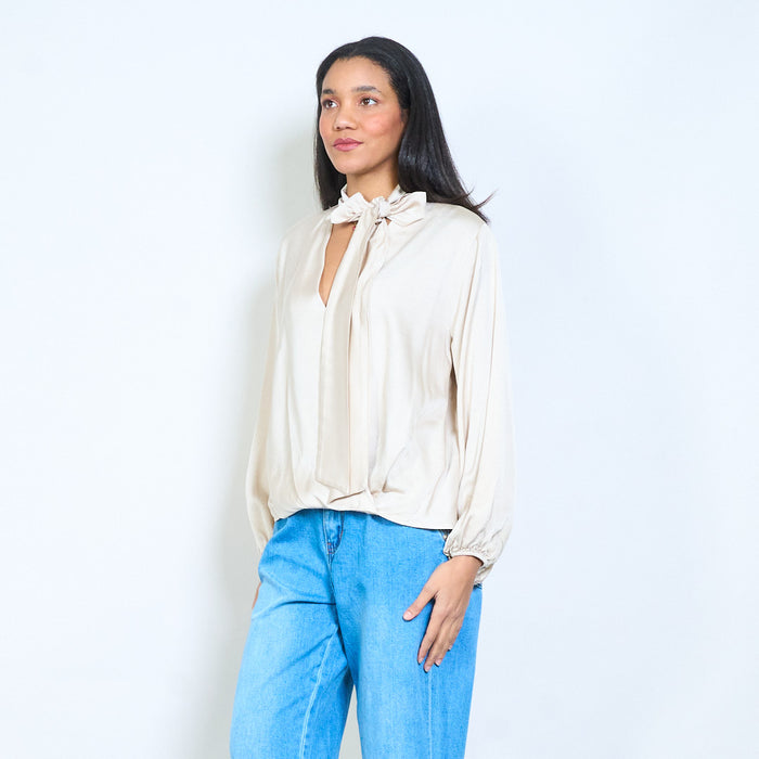 Bow tie neckline flowy long sleeve blouse wholesale