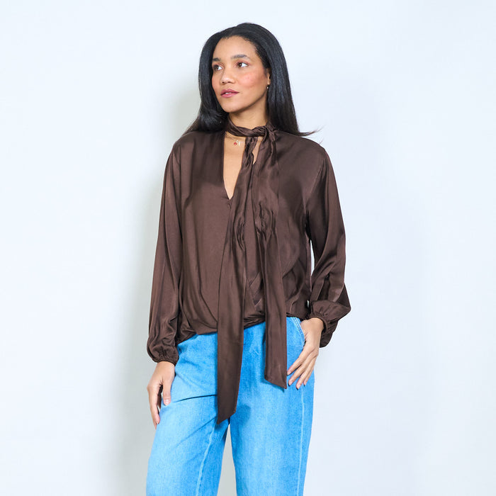 Bow tie neckline flowy long sleeve blouse wholesale